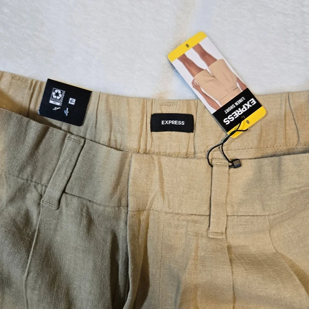 Express Womens Pleated Linen‎ Short Beige High Rise Casual Office 8